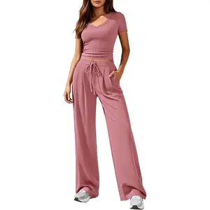 PrettyGarden Women's V Neck 2-Piece Sets Summer Spring Lounge Set Matching  Tops Wide Leg Pants Airport Travel Outfits,Viscose Matching Sets