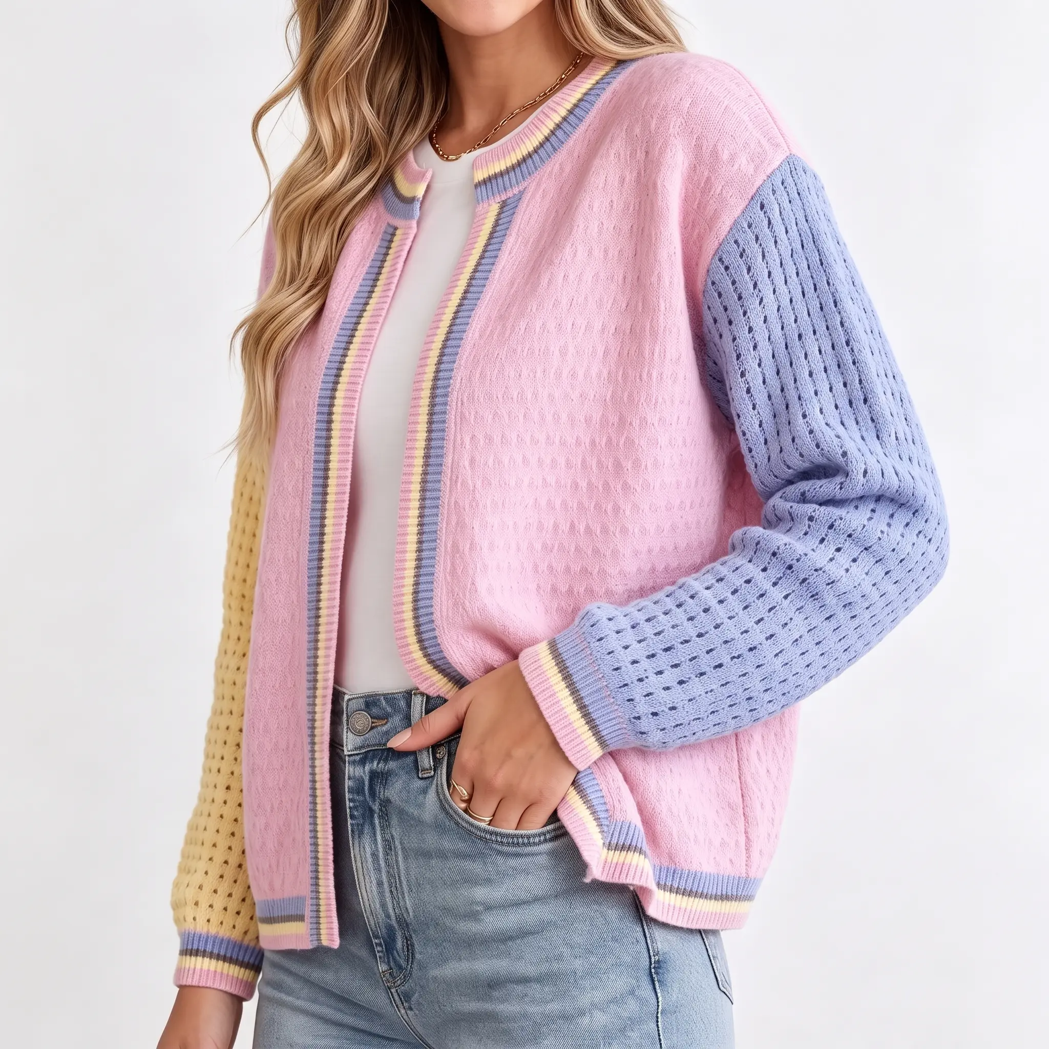 Shewin Women's Color Block Patchwork Round Neck Drop Shoulder Long Sleeve Loose Regular Length Open Front Hollow Knit Cardigan Casual Knitwear