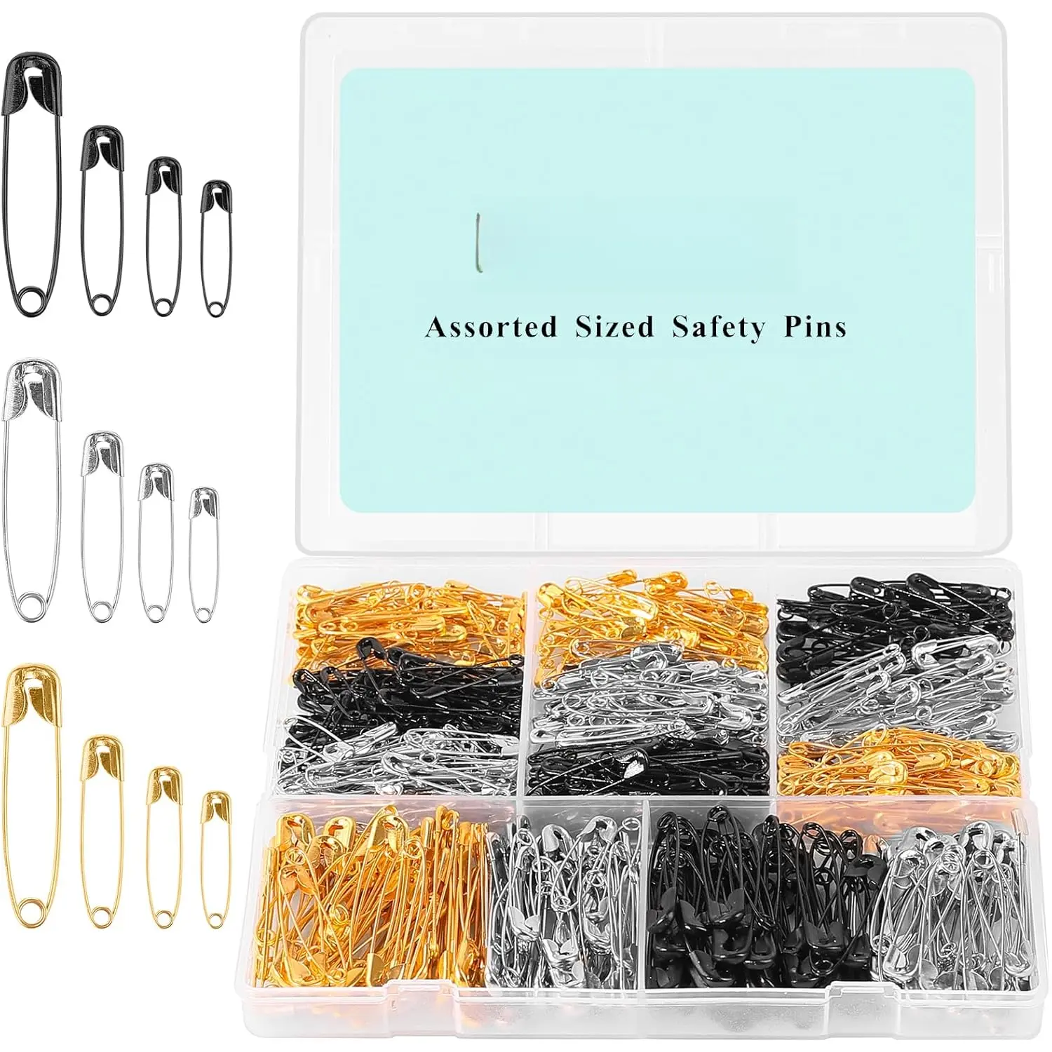 630 Pack Safety Pins Assorted, 5 Different Sizes Small and Large Safety Pin for Clothes Pins Sewing, Nickel Plated Steel, Arts and Crafts Supplies (3 Colors)