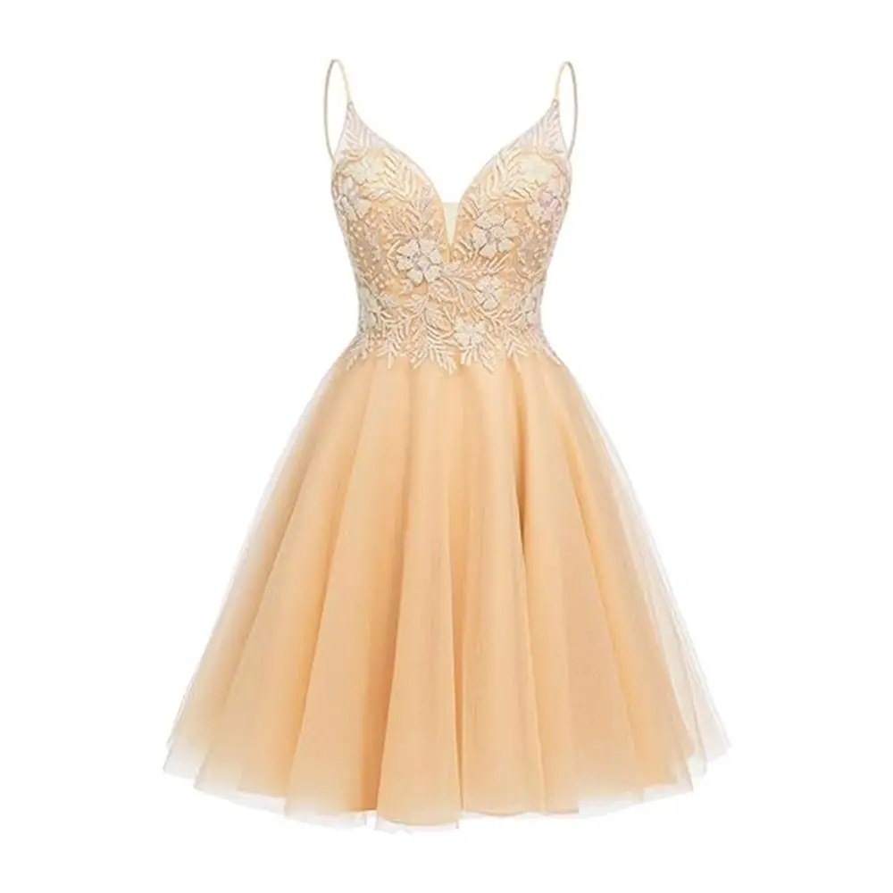 Sparkly Tulle Homecoming Dresses Short Lace Prom Dresses for Teens V Neck Beaded Cocktail Dresses