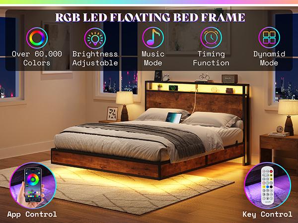 AMERLIFE Floating Bed Frame with 2-Tier Storage Headboard, Metal Bed Frame with Charging Station & LED Lights, No Box Spring Needed