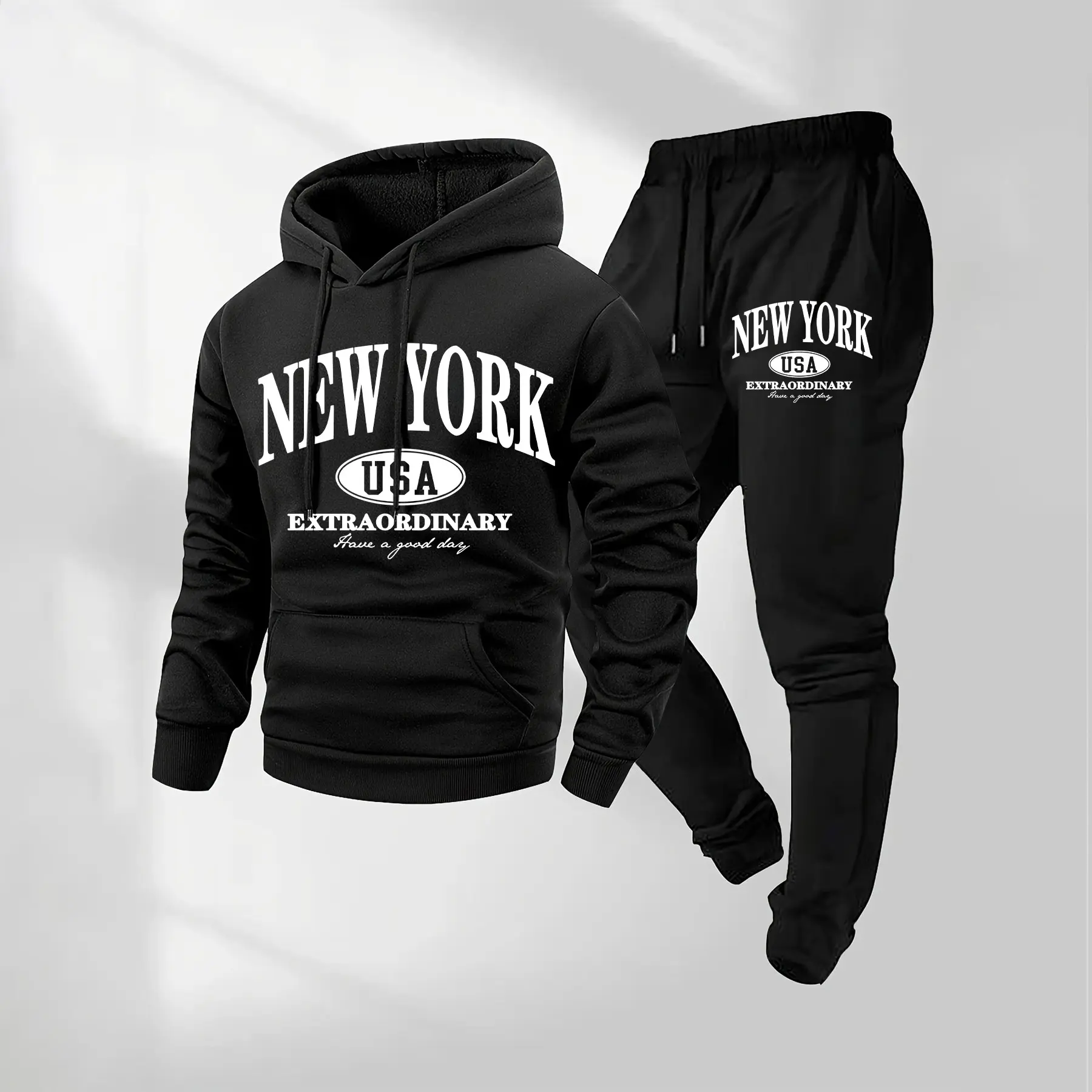 Male 2-Piece Minimalist Polyester Tracksuit Set - Casual Fit Long Sleeve New York Letter Print Hoodie & Drawstring Joggers, Breathable Athletic Activewear with Pockets for Fall, Winter, Sporty Chic, Machine Washable, Loose-Fitting, S, Fashion, Casual Wear