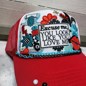 Excuse me, you look like you love me! Trucker hat with the phrase Excuse me, you look like you love me on a foam trucker hat. Comes with a dtf or embroidered. All hats include a hat chain.