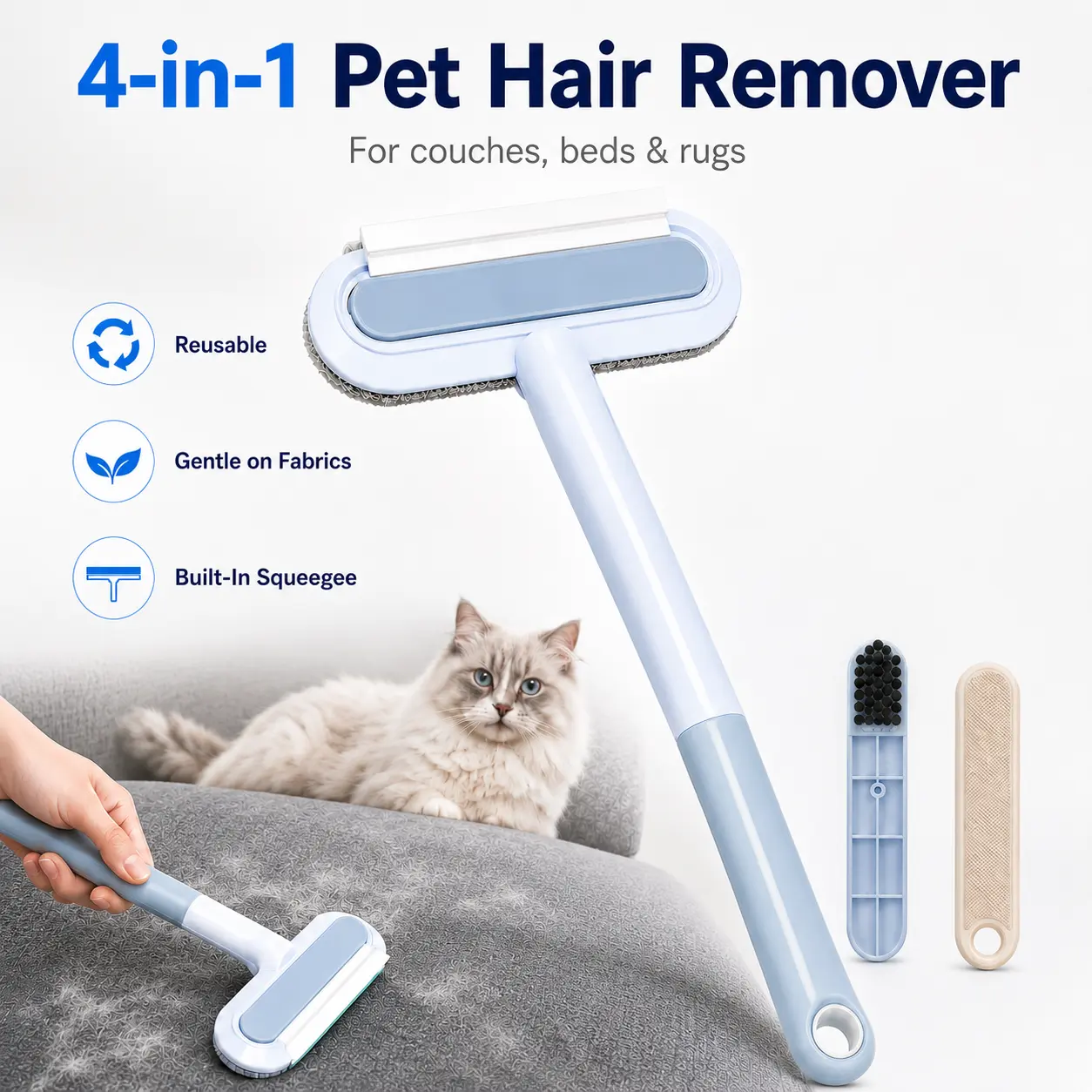 4-in-1 Pet Hair Remover with Extra-Long Handle, Reusable Fur Cleaning Brush for Couches, Carpets, Bedding, Clothes & Car Seats