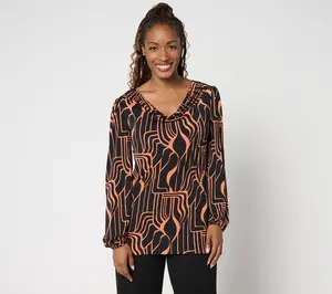 Susan Graver Printed Liquid Knit Cowl Neck Top with Blouson Sleeves