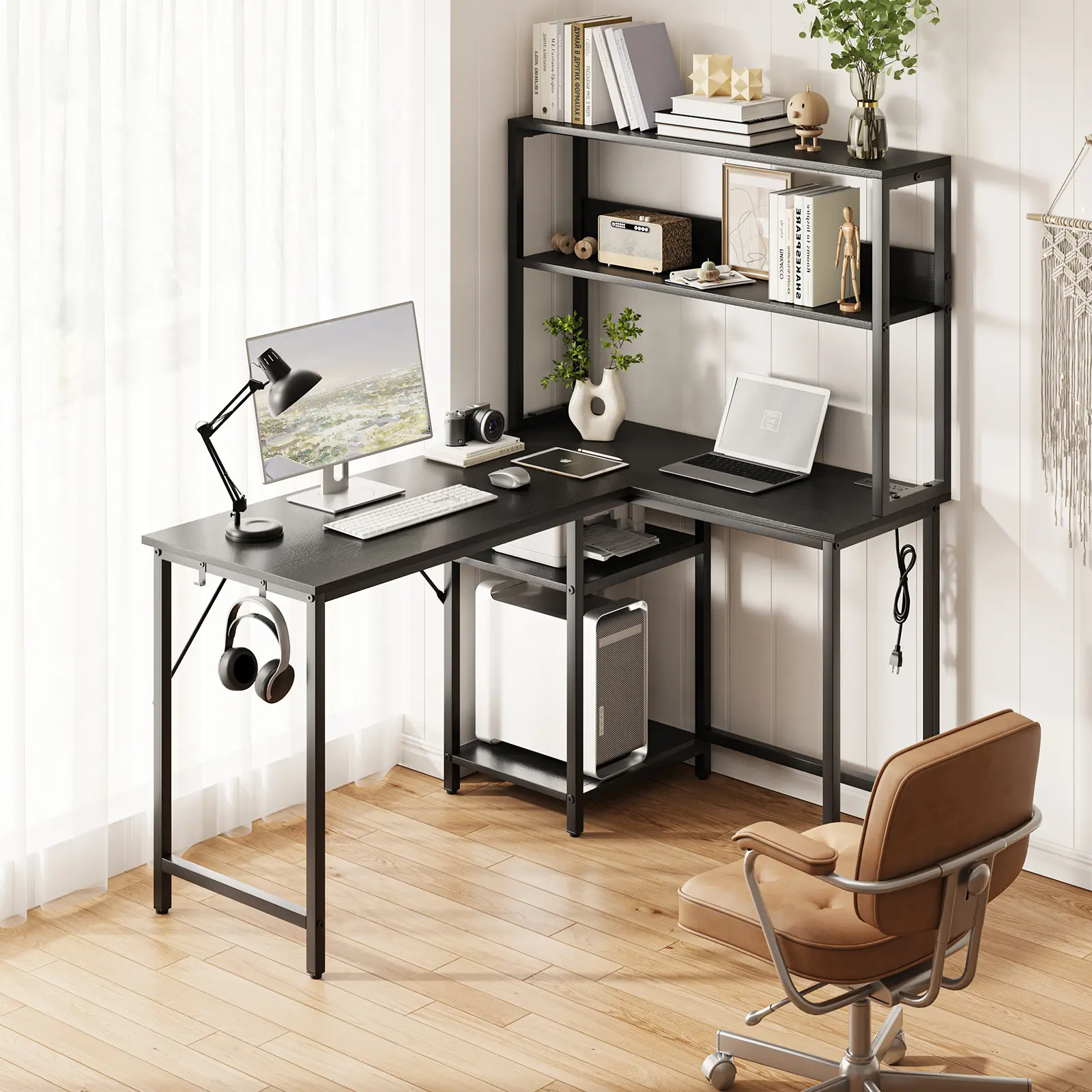 L Shaped Gaming Desk with App & Remote Controlled RGB LED Strip, Adjustable Monitor Hutch, CPU Stand & Headphone Hooks, Large Corner Computer Desk for Gaming Workstation Bedroom