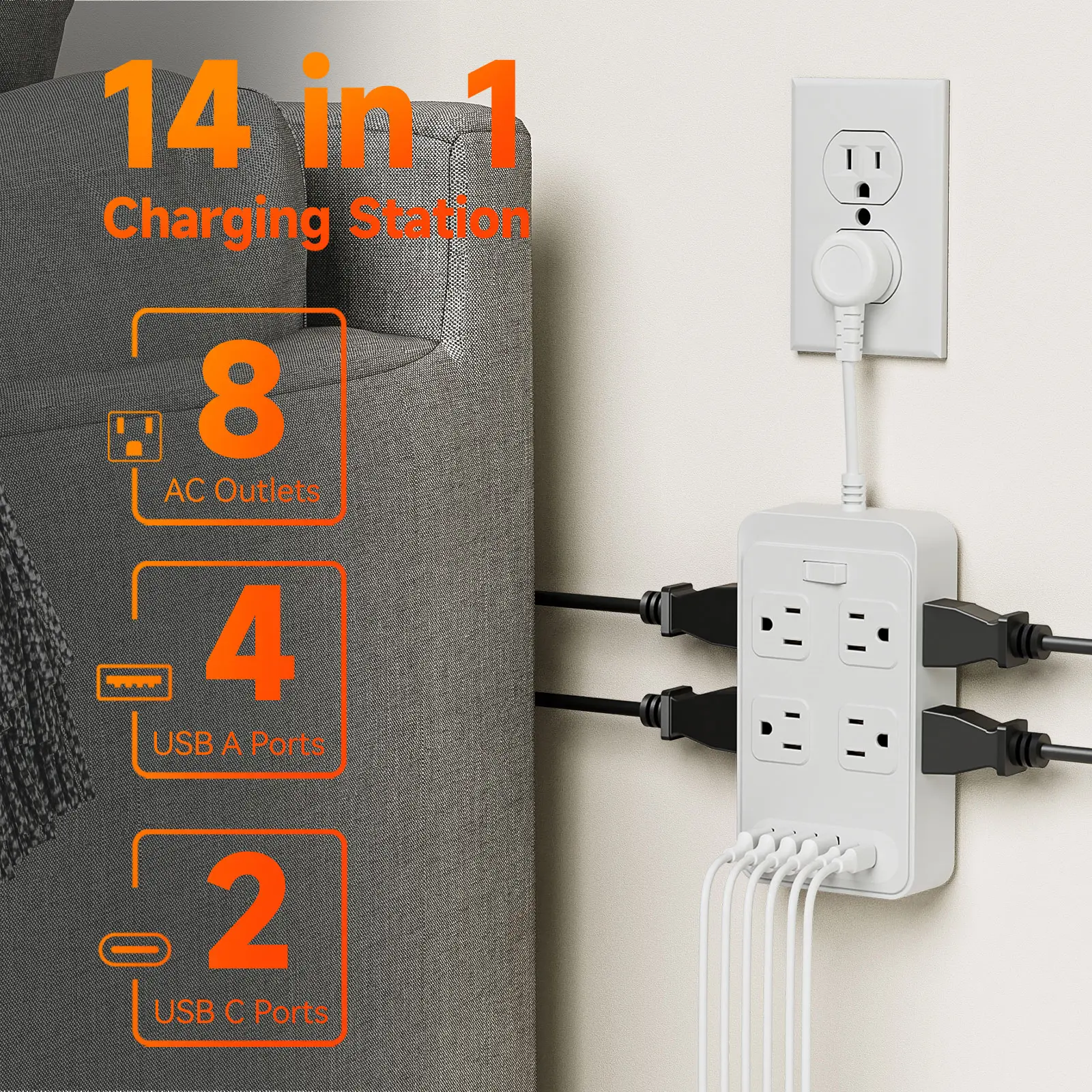 Surge Protector Outlet Extender Power Strip with 3 Inch Short Extension Cord 8 AC Outlets 6 USB Charging Ports 4 USB A 2 USB C Compact Design for Home Dorm Office Travel Essentials - White