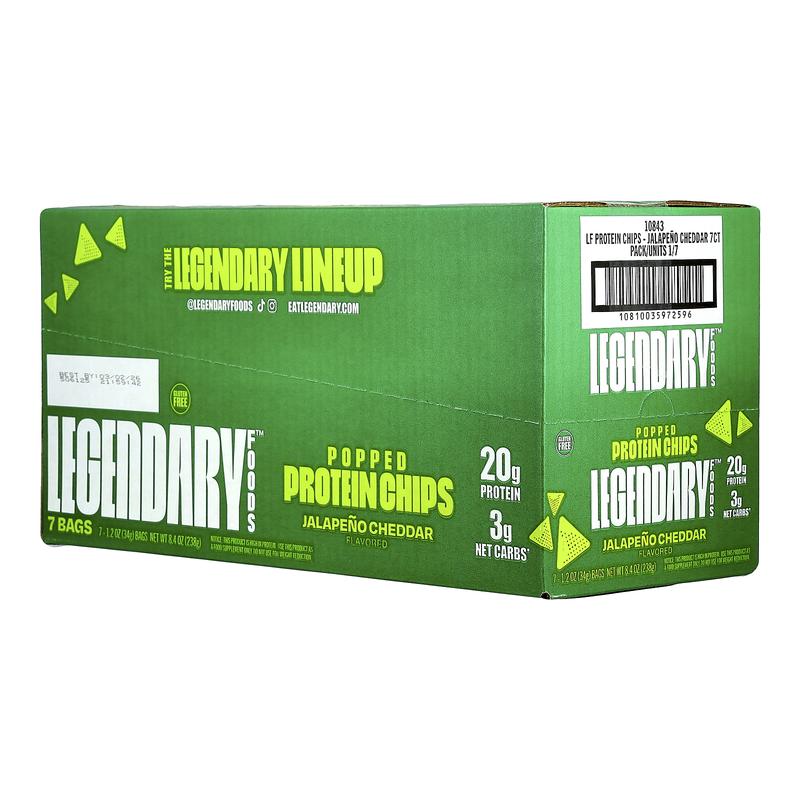 Legendary Foods Popped Protein Chips, Jalapeno Cheddar, 7 Bags, 1.2 oz (34 g) Each