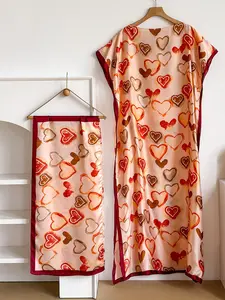 Elegant Bohemian Long Robe Set with Multicolor Heart Print Boho Shawl, Moomoo Dress + Headscarf Silk Scarf for Women, Beach Sun Protection