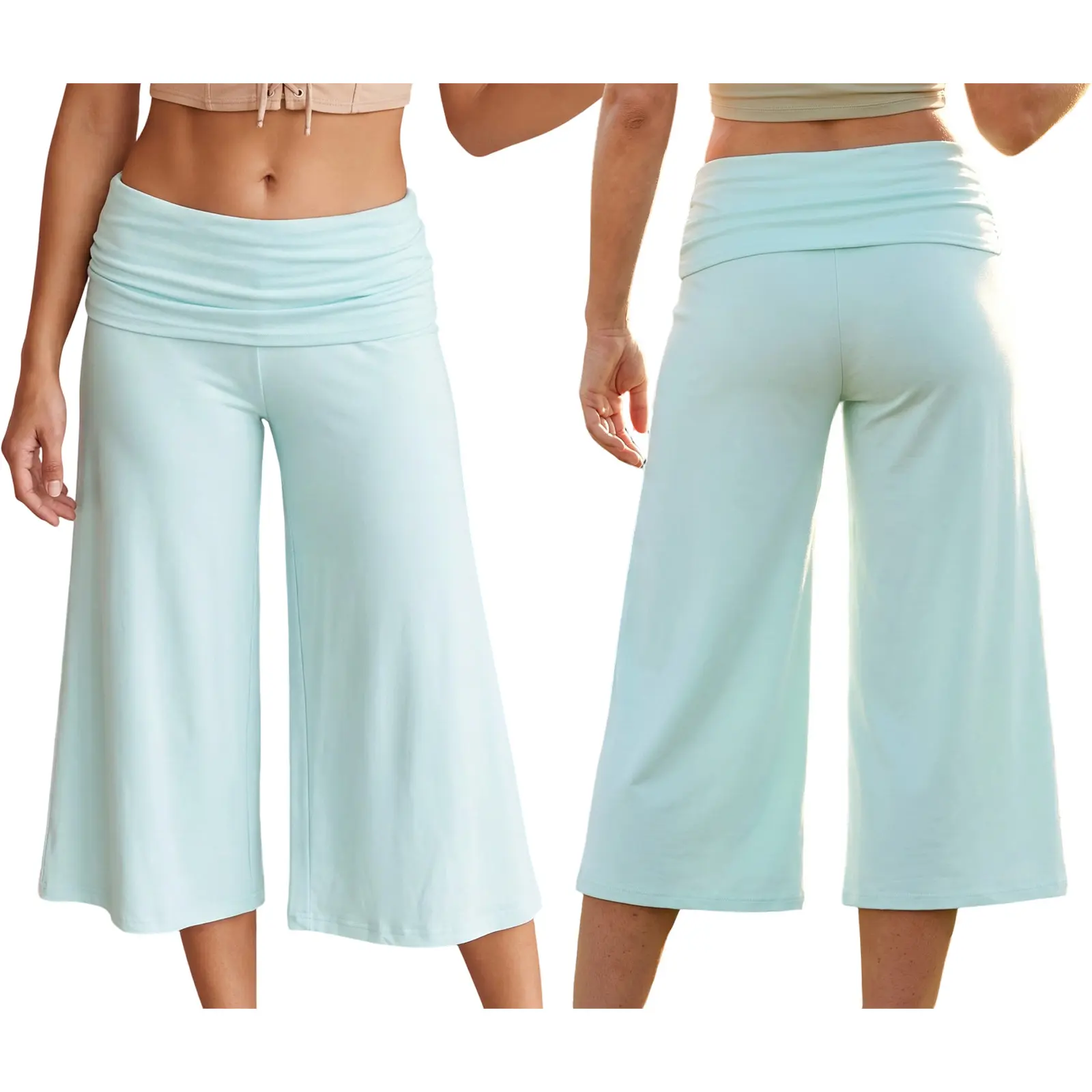 Women Summer Fold Over Wide Leg Capri Pants Low Rise Lounge Yoga Flare Culottes Y2k Soft Flowy Crop Palazzo Pants Beach summerwins