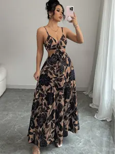 Boho Style Woven Printed Belted Fitted Ring Dress, Casual Summer Long Sleeve Maxi Dress, Floral Pattern, Women's Fashion Clothing, Bohemian