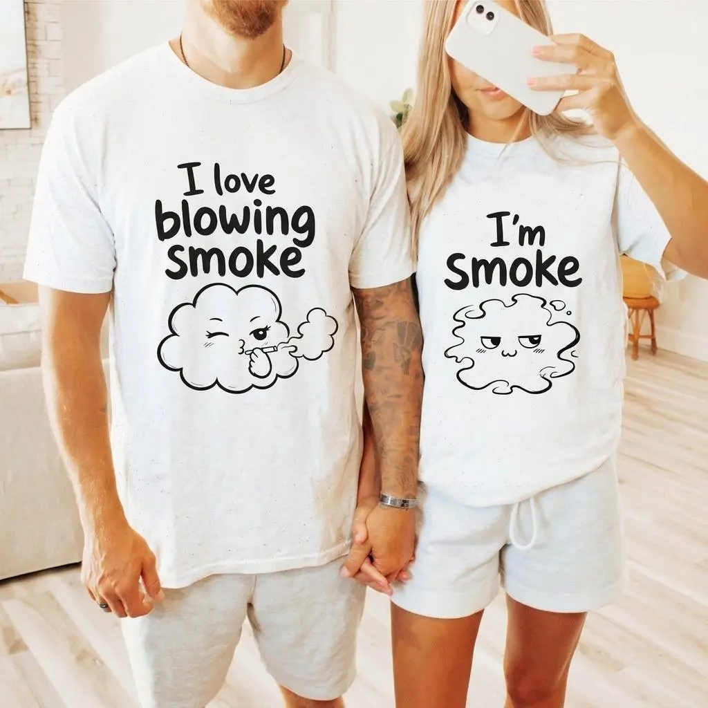 I Love Blowing Smoke Im Smoke Matching Couple Shirts, Funny Graphic Tee Outfits for Couples, Soft Cotton Unisex Matching T-Shirts Set, Trendy Streetwear Outfit