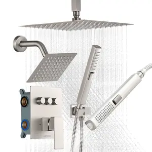 VEVOR Brass Adjustable Multi-Flow Shower Faucet Set, 10-in Ceiling-Mount Rainfall Shower, 6-in Wall-Mount Head, 2-in-1 Handheld Spray, 3-Function Rotatable Valve & Trim Kit, Brushed Nickel