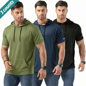 Men’s 3-Pack Short-Sleeve Hooded T-Shirts, Mesh Breathable Quick-Dry Moisture-Wicking, Kangaroo Pocket Reflective Strip Design, Suitable for Summer Sports Fitness Running Training Outdoor Wear