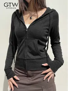 Women's Hooded Knit Fitted Sweatshirt Long Sleeve with Zipper and Pocket, Casual High-End Autumn Winter Outerwear, Pure Color Fashion Jacket