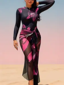 Women's Floral Print Long Sleeve Rashguard & Panty Swimsuit Set Casual Fashion Two-piece Swimwear for Beach Holiday Vacation Ladies Spring Clothes