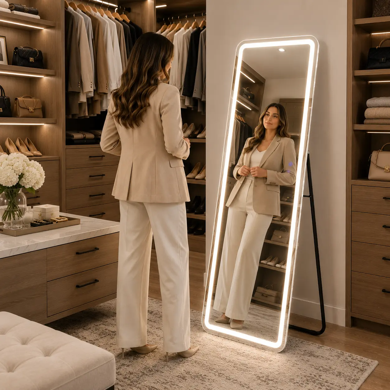 [LIVE5]LED Full Length Floor Mirror, 64"x21" Lighted Full Body Mirror | Standing Mirror with Dimming & 3 Color Lighting, Shatterproof Tempered Glass, Wall Hanging or Leaning for Home Decor, White