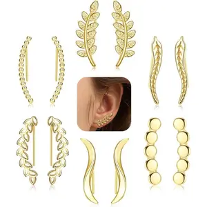 Drperfect 6 Pairs Crawler Earrings Ear Climbers Earrings for Women Cuff Earrings Leaf Feather Linear Wave