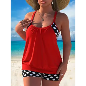 Plus Size Casual Swimsuit Set, Women's Plus Colorblock Dot Print Cut Out Round Neck Cami Top & Shorts Bathing Suit Two Piece Set