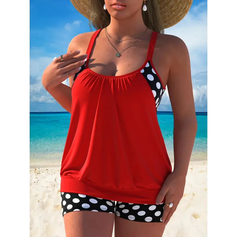 Plus Size Casual Swimsuit Set, Women's Plus Colorblock Dot Print Cut Out Round Neck Cami Top & Shorts Bathing Suit Two Piece Set