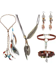 Bohemian Jewelry Set Boho Feather Pendant Dangle Earrings Leather Pendant Brown Feather Necklace Choker Necklace Handmade Woven Beaded Bracelet Bohemian Headwear Tribal Jewelry Gift
