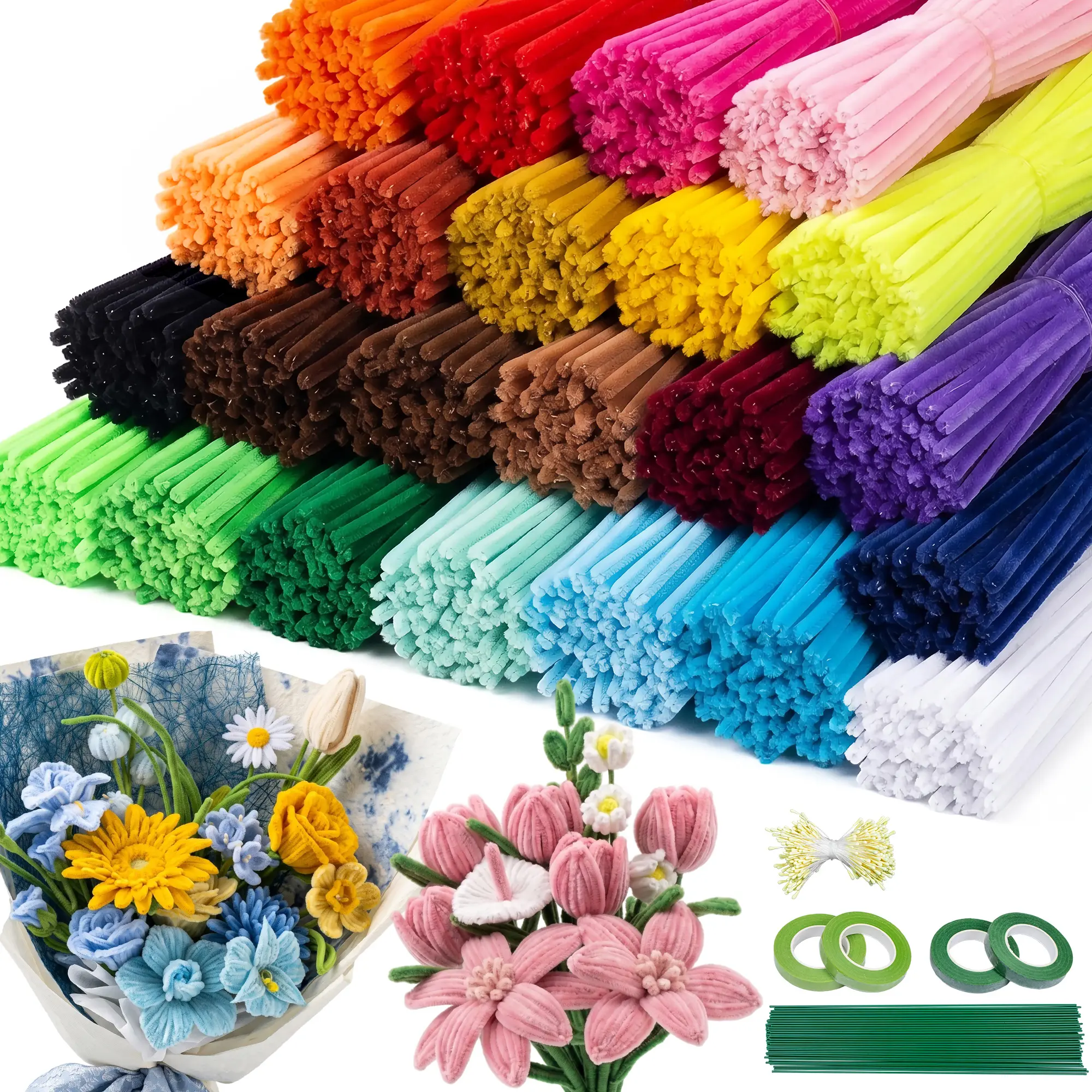 CRAFT SPOT! 1200 Pcs Chenille Stems Pipe Cleaners Bulk - 24 Assorted Colors Fuzzy Plush Bendable Craft Stems, Green Black White, DIY Flowers Kit for Kids, Room Decor, Mother's Day, Birthdays Projects