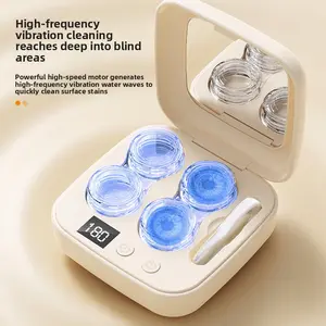 Contact Lens Cleaner Electric Ultrasonic Automatic Cleaning Machine High Frequency Vibration Blue Light Irradiation Three-level Adjustment Portable Rechargeable Sterilization Care Box with Makeup Mirror Essential Care Kit for Wearers