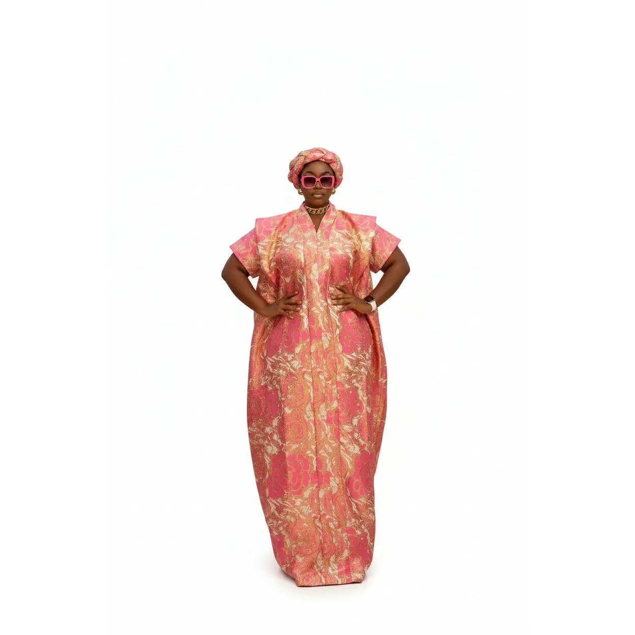 Women's Modest Islamic Luxury Metallic Damask Brocade African Boubou Kaftan Maxi Dress - 2-Piece Set With Matching Braided Headband