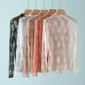 Sexy Women's Half High Collar Lace Bottomed Blouse T-shirt Lace Long Sleeve See Through Mesh O-Neck Sheer Tees Body Crop Top fungus trimmed slim fit long sleeved shirt