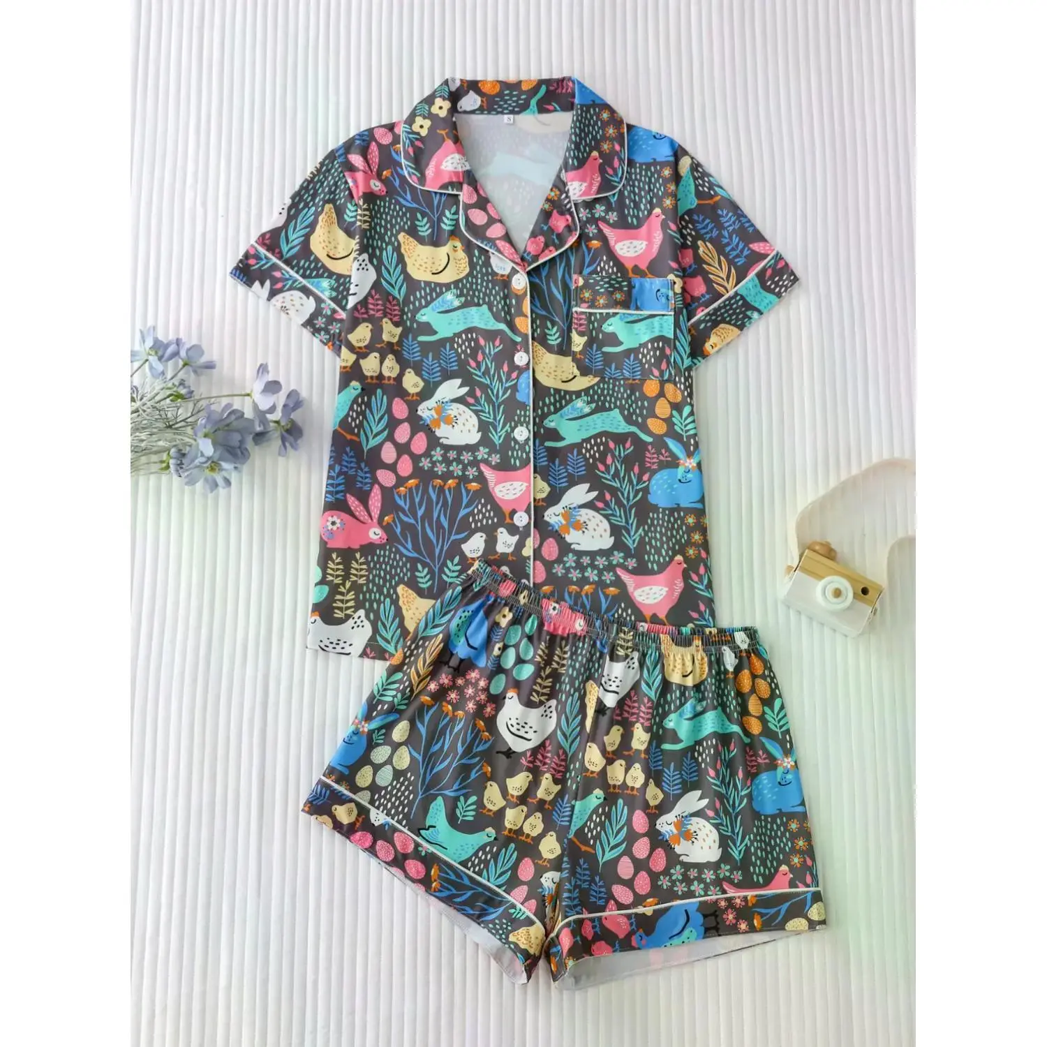 Women's 2-Piece Pajama Set, Cute Animal Print, Fitted Short Sleeve Top & Relaxed Shorts, Cozy Home Wear