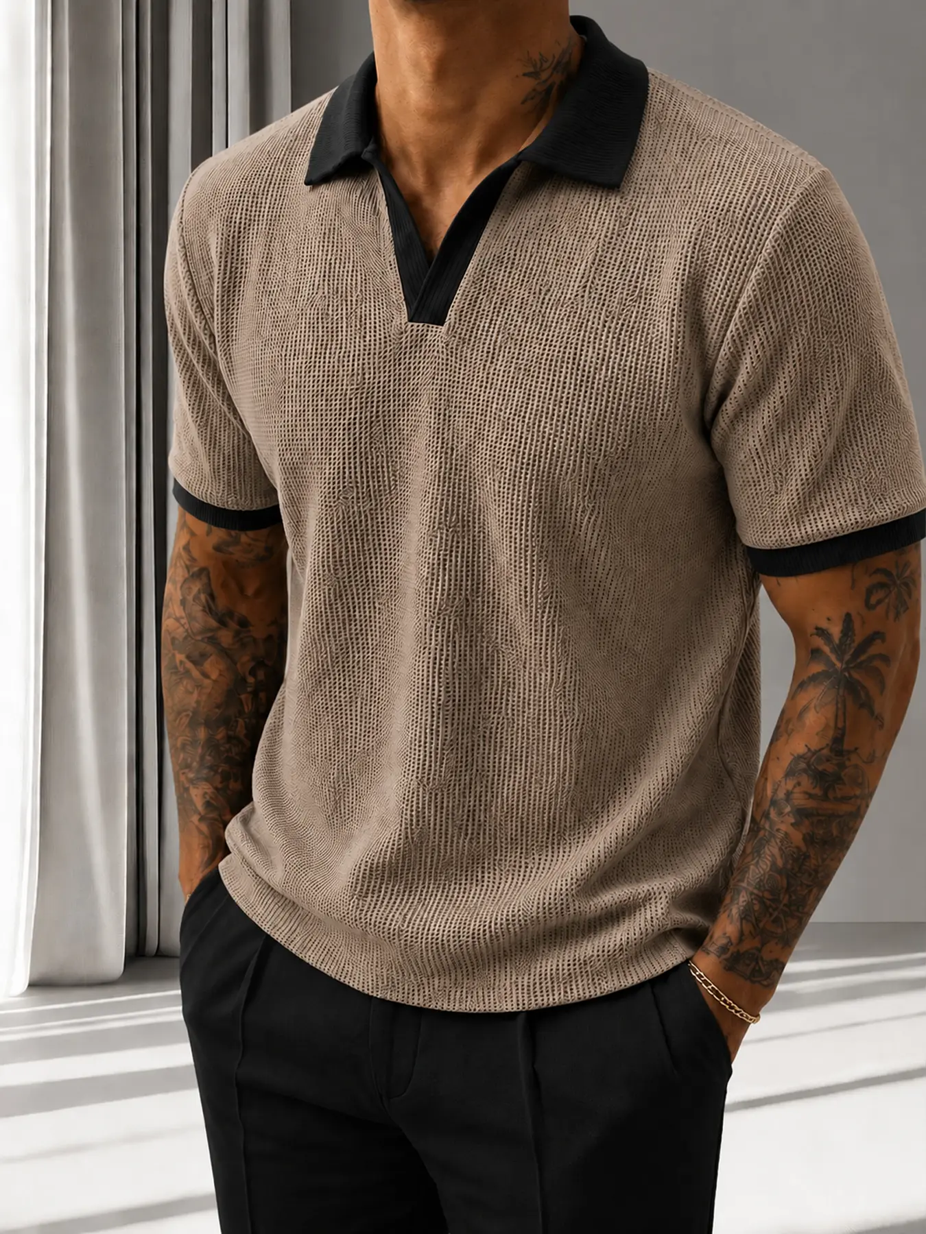 Men's textured polo shirt short sleeve waffle knit collared shirt with contrast V-neck, lightweight casual business casual summer top for men, office vacation everyday wear, machine washable knit polo tee, regular fit men's tops