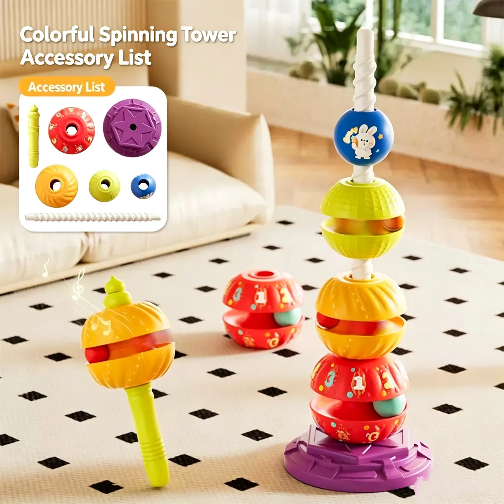 Baby Rainbow Spinning Stacking Tower Toy - Toddler Sensory Early Educational Toy with Auditory Stimulation, Built-In Bell, Child-Friendly Design for Fine Motor Skills Development, Ideal for 6m-8 Years Old, Baby Shower & Birthday Gifts, Baby Toys
