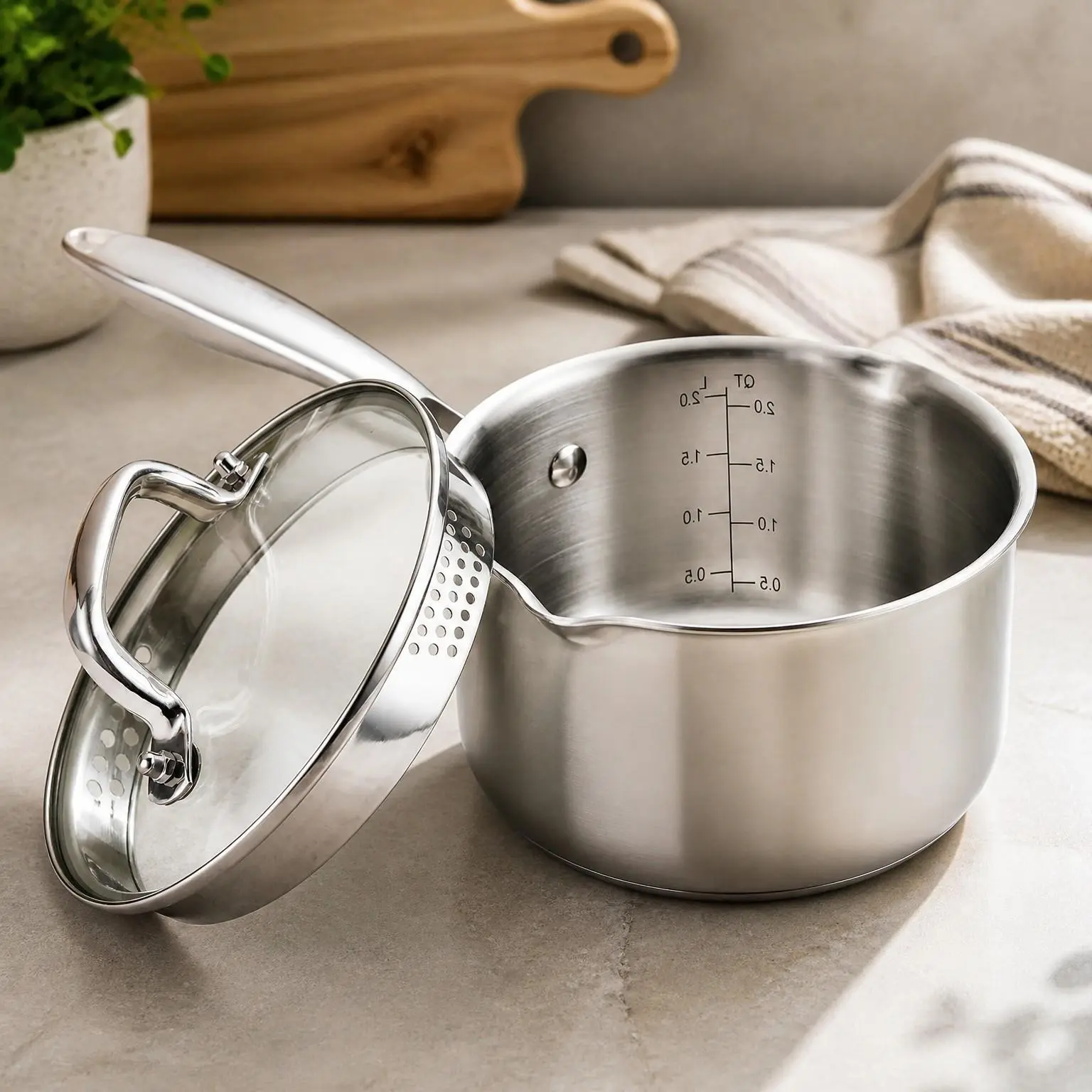 2.0 Quart Stainless Steel Saucepan with Glass Strainer Lid, Two Side Spouts, Induction Cooking Pot, Multipurpose Sauce Pan with Lid for Cooking