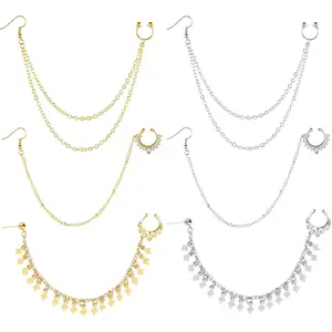 6 Pieces Nose Rings Hoop Chain Diamond-studded Double-layer Septum Non Piercing Nose Hoop Ring Chain Dangle Earrings for Women