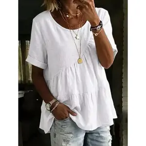 2026 New Arrival Women's Round Neck Solid Color Cotton Linen Shirt | Slimming Loose Fit Paneled Short Sleeve Top
