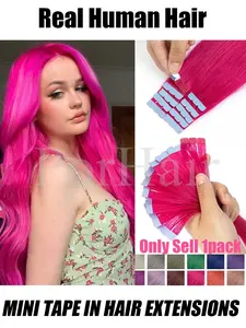 12inches 16inches 20inches Colored Pink Mini Tape in Human Hair Extensions For Women Invisible Seamless Tape in Hair Extensions 10pcs/Pack Pink Red Green Purple Blue Mini Tape Ins Hair Daily Use Party