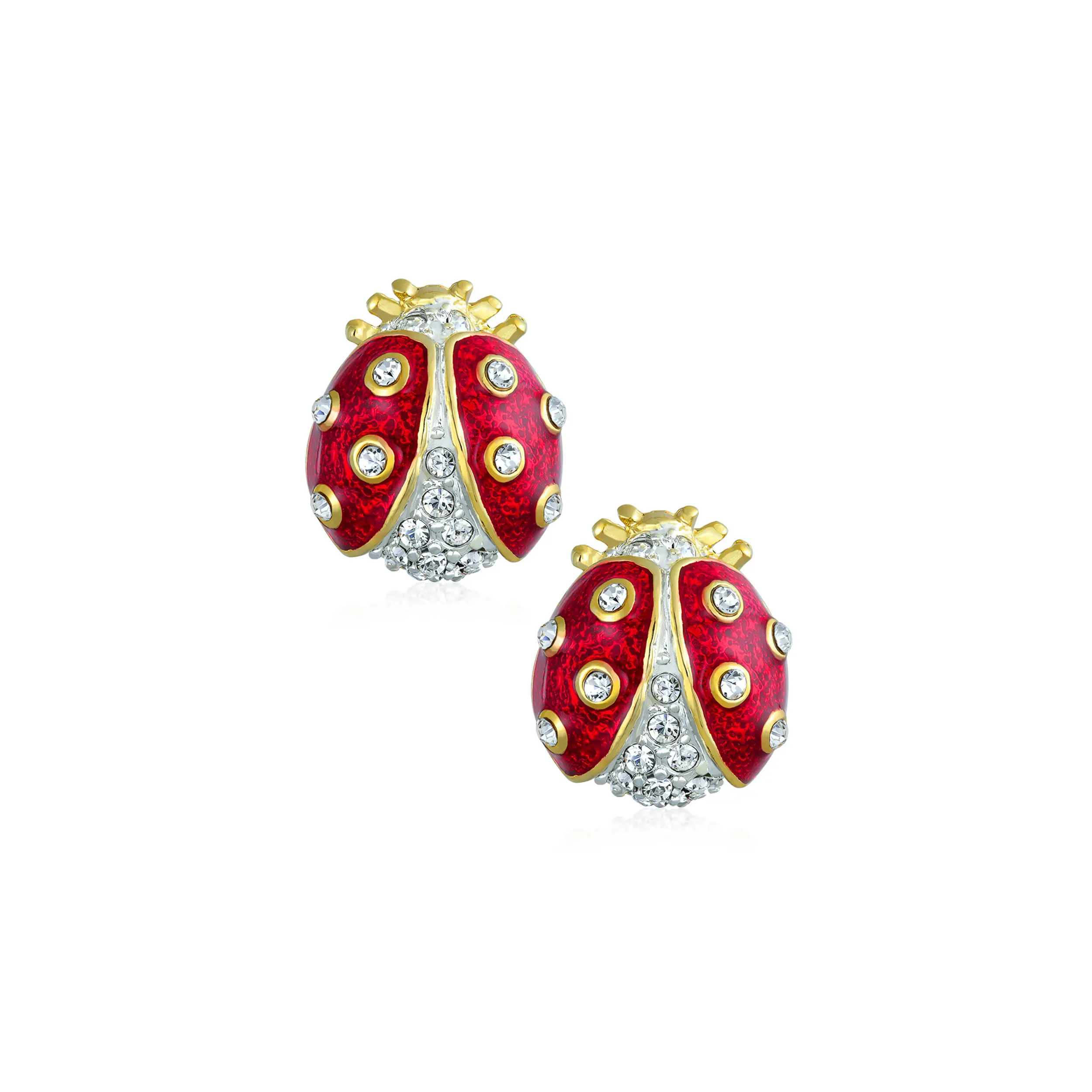 Set of 2 Lucky Ladybug Red Gold Enamel Crystal Brooche Pin
