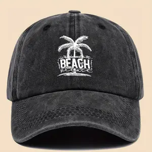 "Cool & Breezy" Unisex Washed Baseball Cap - Tropical Palm Tree And Beach Print, Adjustable Urban Skater Hat for Couples, Breathable Sun Protection for Surfing, Cycling, Hiking, Parties! Perfect Gift for Birthdays - Beachy Vibes Meet City Style!