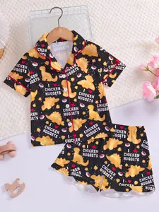 Cute Dinosaur Chicken Nugget Print Vibrant Fun Playful Pattern Kids Fire Retardant Fabric Pajama Complete Set, Loose-Fitting Short Sleeve Cardigan and Elastic Shorts, All Seasons Stylish Sleepwear for Boys and Girls