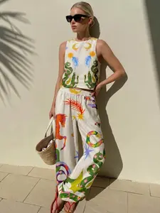 LikeMyChoice 2026 Unique Floral Print 2-Piece Matching Set | Sexy V-Neck Tank Top & Comfort Elastic Waist Pocketed Wide-Leg Pants | Boho Coastal Casual Resort Wear Outfit