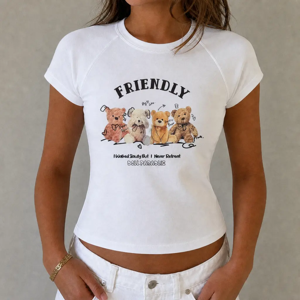 Nostalgic Doll Paradise Teddy Print Slim Cropped Women’s Casual Summer Tee