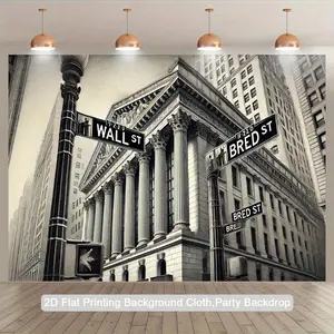 2D Flat, 1pc Realistic Wall Street Skyline 2D Flat Wall Tapestry - Black & White Fed Reserve Logo & NYSE Stock Exchange Design for Photo Studio Backdrop, 2D Flat, Banner Background, News Backdrop, Backdrop Banners For Wall, Shop Backdrop, Background