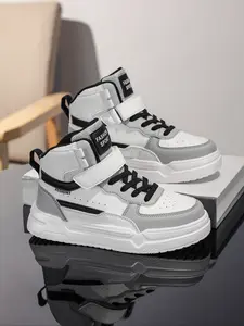 High-Top Sports Shoes with Velcro Closure, Lightweight Walking Colorblock Patchwork Sneakers, Soft Sole Outdoor Casual School Shoes