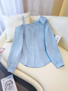 Summer Casual Asymmetrical Neck Off-Shoulder Long Sleeve Women's Shirt , Slim-Fitting Pocket Top, Fashionable Ladies' Clothing