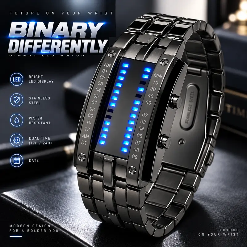 Men's Luminous Date Wristwatch - 36mm Stainless Steel Full Metal Rectangle Sport Quartz Watch, Vacuum-Plated Black, Blue Light Power-Saving LED, Calendar Display, 6-Month Service Indicator, Men's Accessories, Accessories Adults
