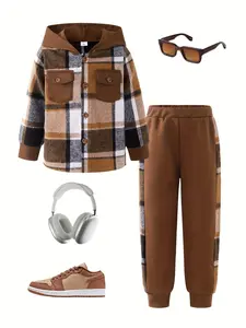 Ready Stock 4-7Y Boys sets long sleeves hoodies tops and pants Grids Brown Spring&Autumn 12410036