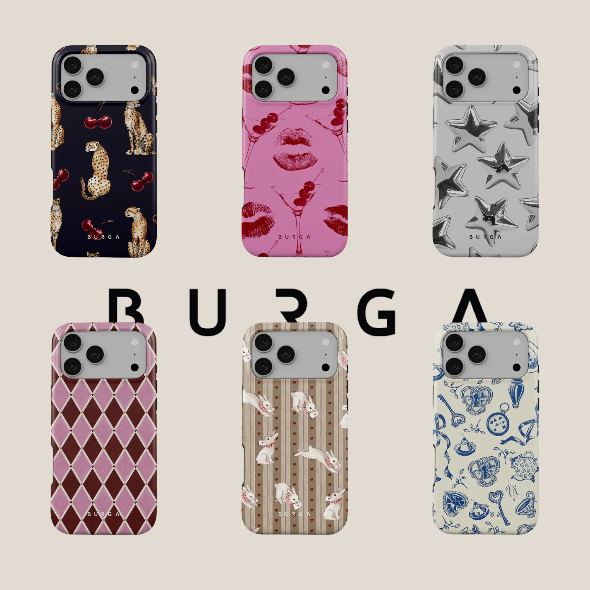 Burga Cougar, Cute Coquette Bow MagSafe/Tough Case for iPhone 17, 16, 15, 14, 13, 12, 11, Pro Max, Metallic Star, Cheetah Cherry Cover, Stylish and Protective Cover, Heavy Duty Shockproof Trendy Phone Shell
