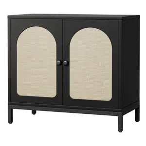 Modern Storage Cabinet - Black Rattan-Door Buffet Cabinet with Adjustable Shelves, Multi-Functional Sideboard Cupboard Console Table for Living Room, Kitchen