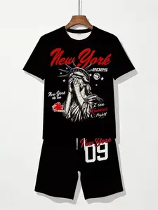 Men's Geometric Print Short Sleeve Graphic Tee & Track Shorts Set, Casual Fitted Summer, Breathable Fabric Outdoor Wear