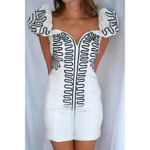 Embroidered Puff Sleeve Mini Dress - Structured Sweetheart Neckline & Center-Back Zipper Closure - Ivory with Black Contrast Stitching